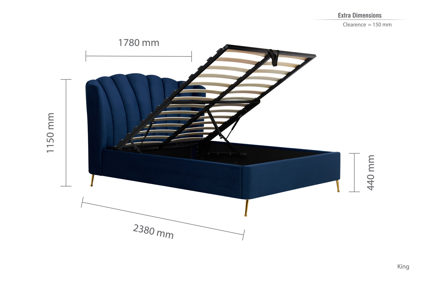 Lottie Midnight Blue Ottoman King Bed + Heaven King Mattress