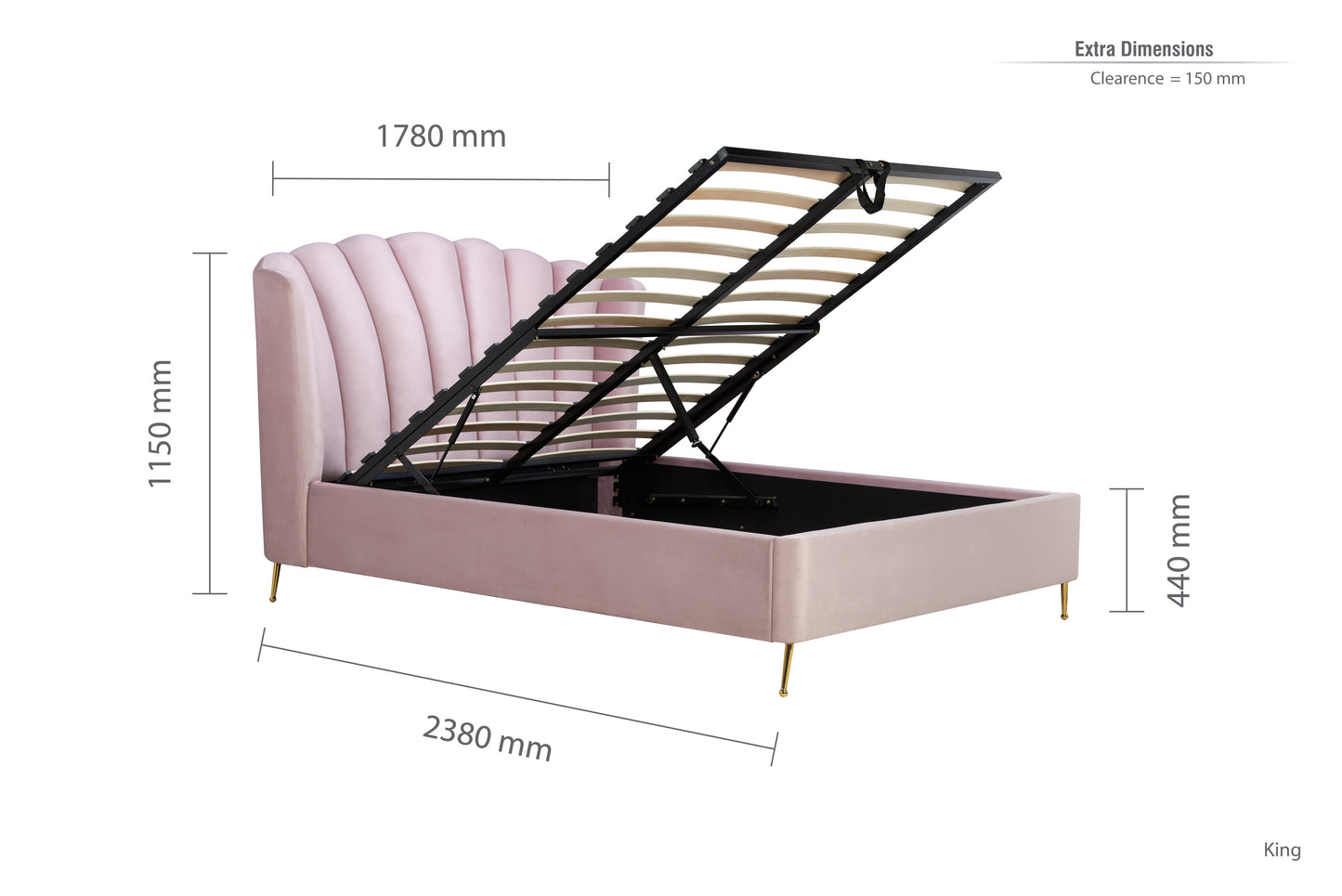 Lottie Pink Ottoman King Bed + Heaven King Mattress