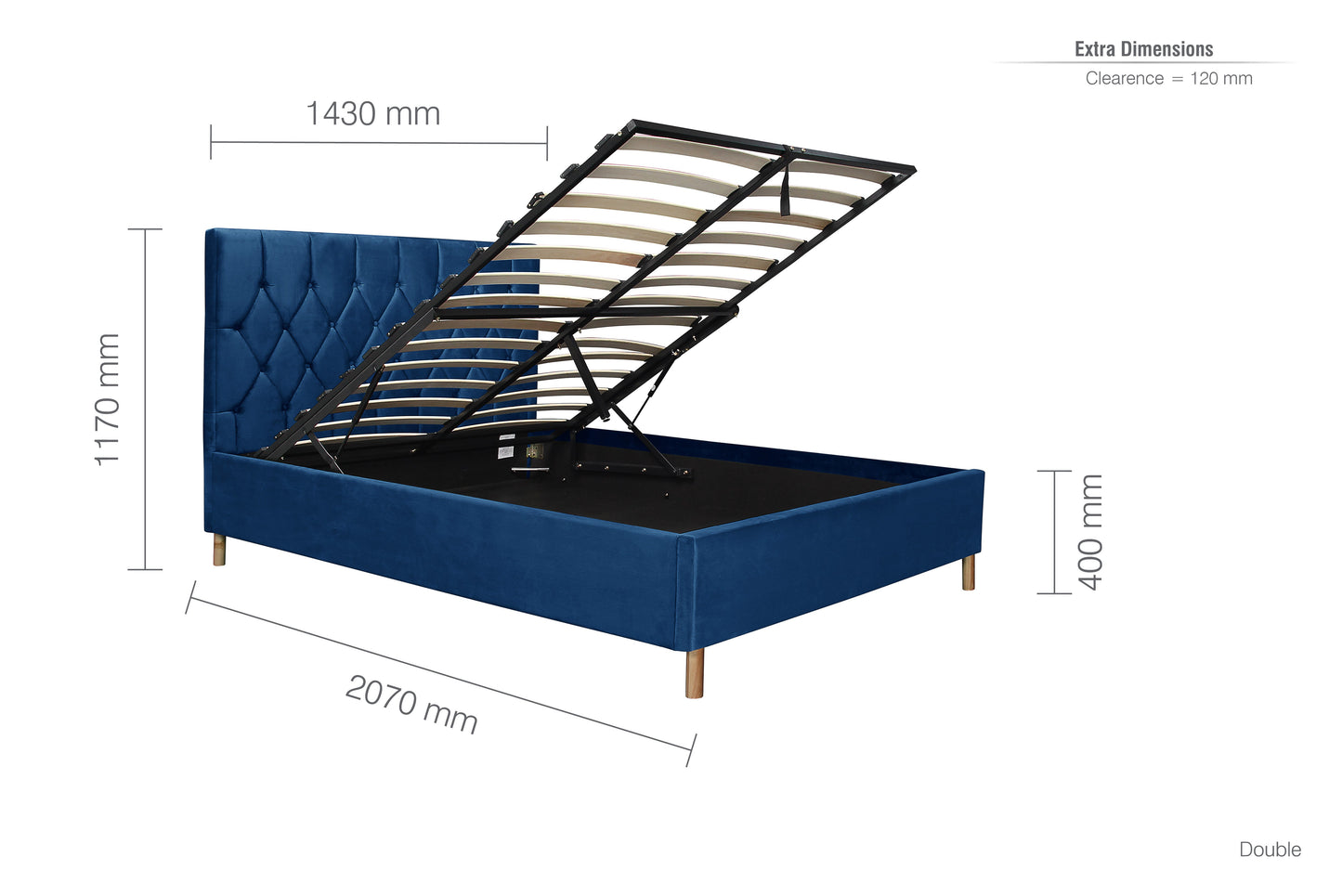 Loxley Blue Ottoman Double Bed + Comfort Double Mattress