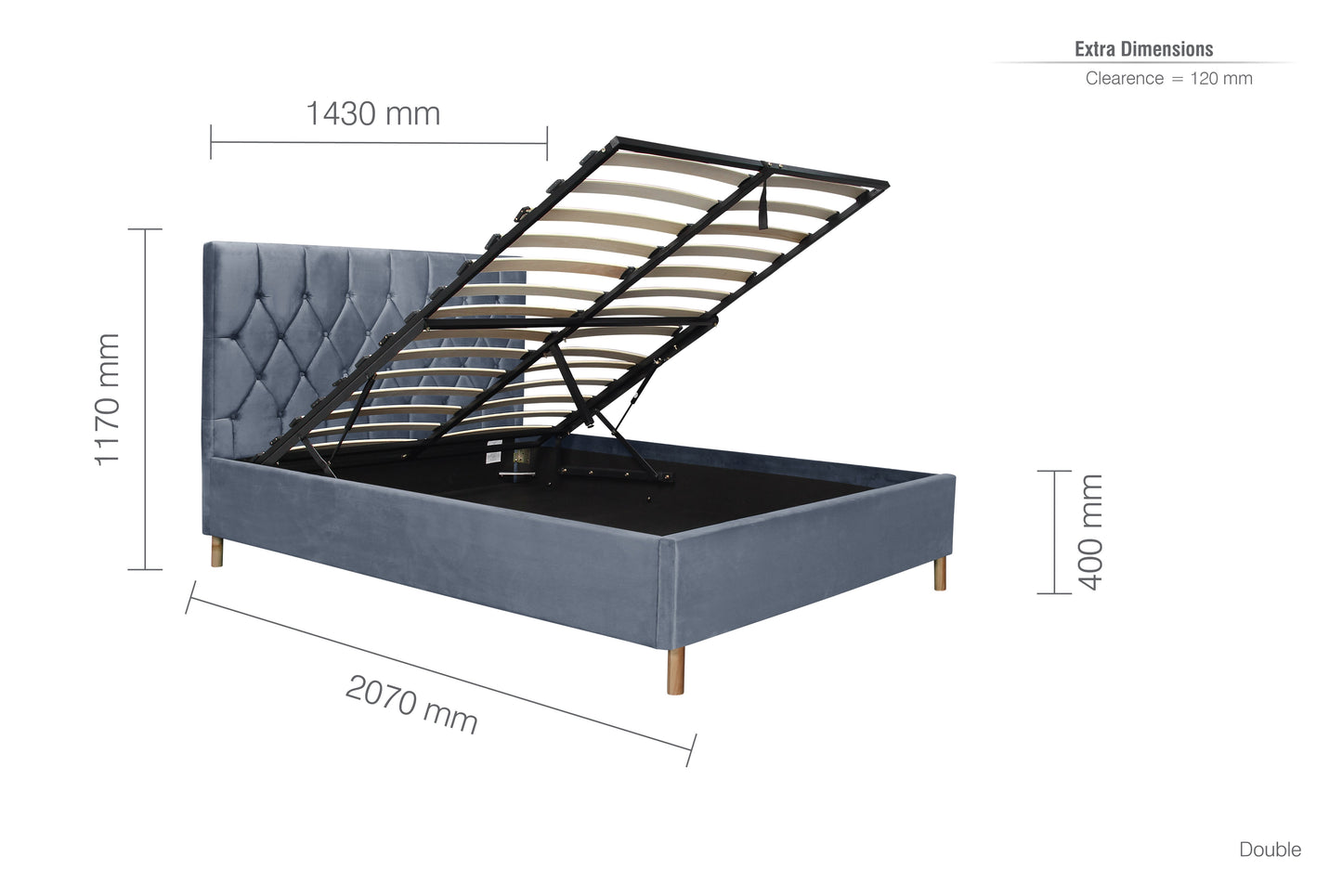 Loxley Grey Ottoman Double Bed + Comfort Double Mattress