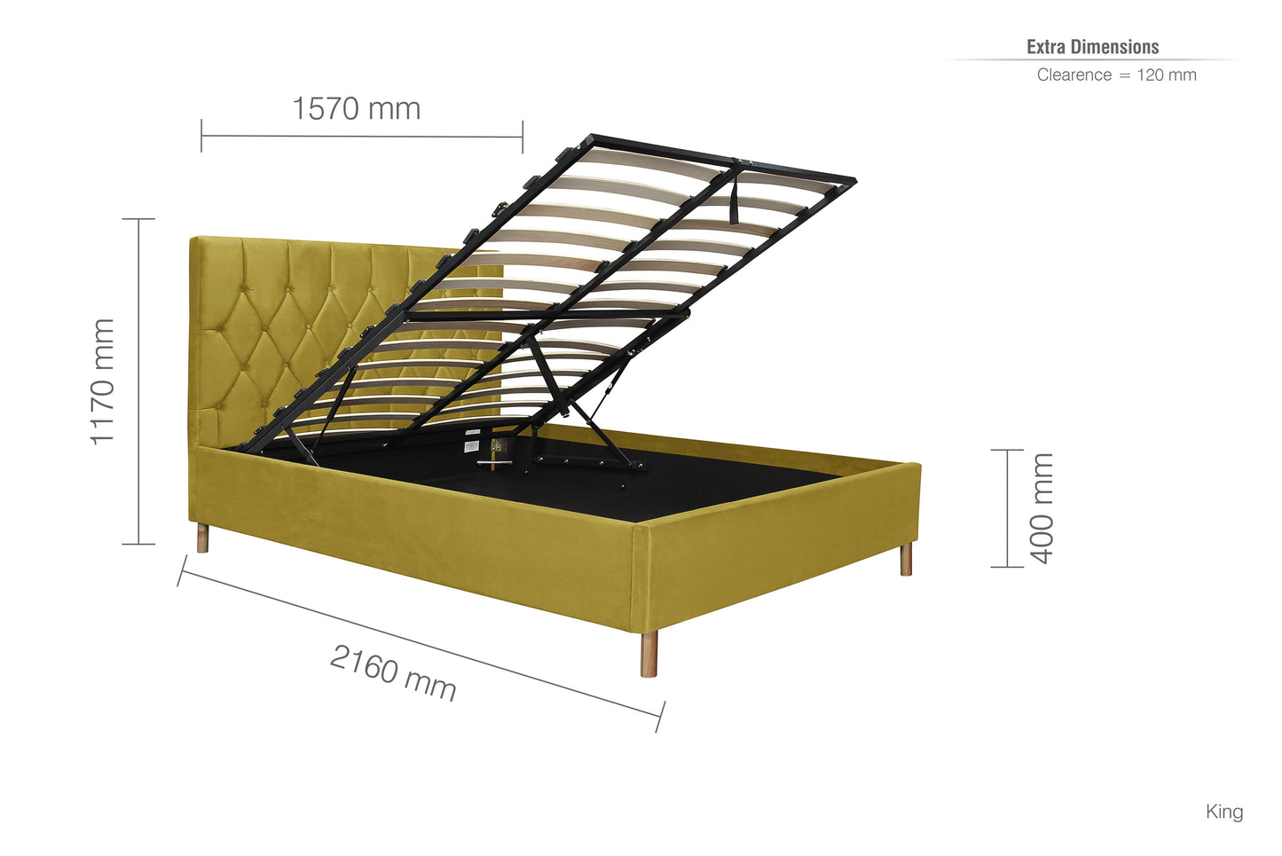 Loxley Mustard King Ottoman Bed + Comfort King Mattess