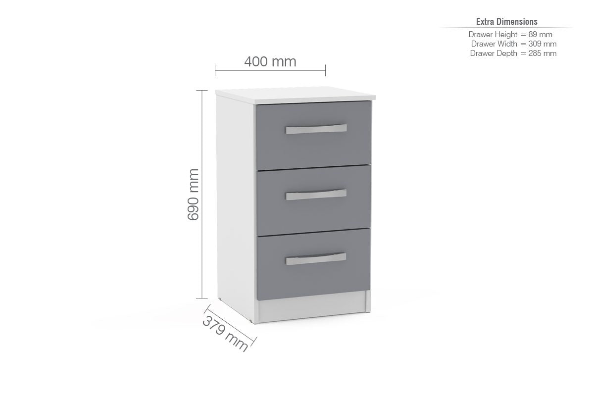 Lynx White & Grey 3 Drawer Bedside