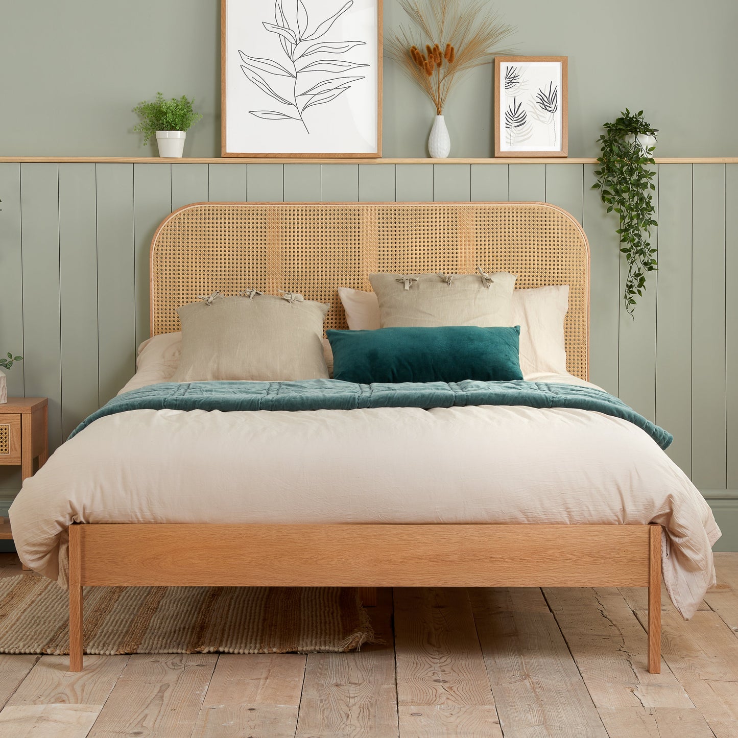 Margot Oak Rattan Double Bed + Heaven Double Mattress