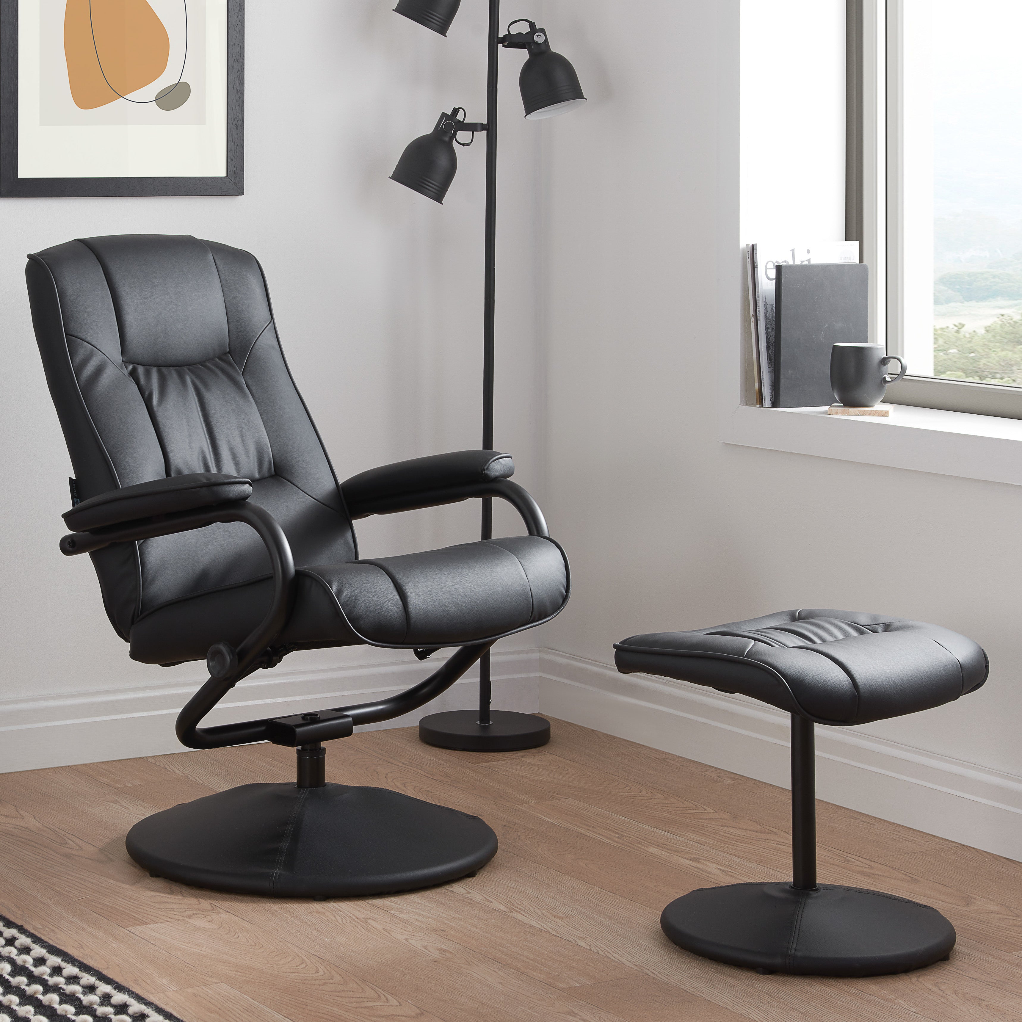 Marazion Black Leather Swivel Chair & Footstool