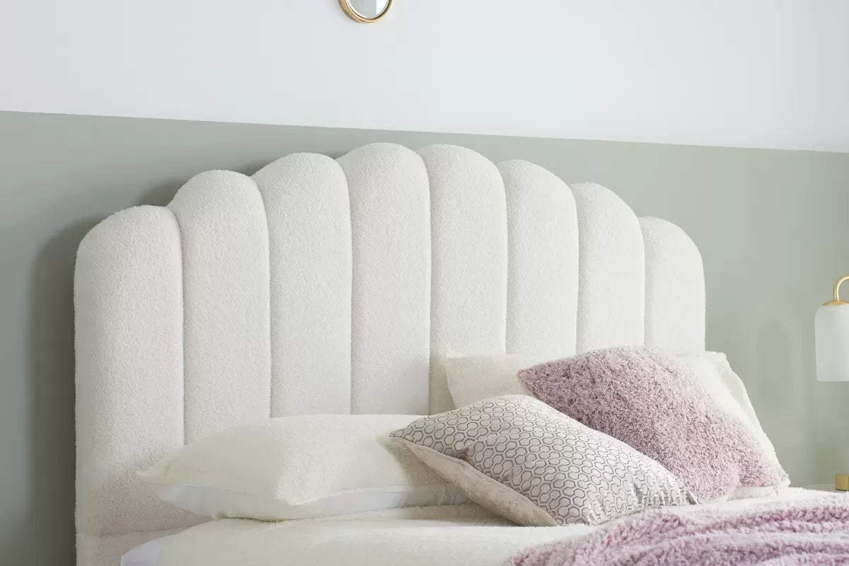 Monaco White Boucle Fabric Ottoman Double Bed + Heaven Double Mattress