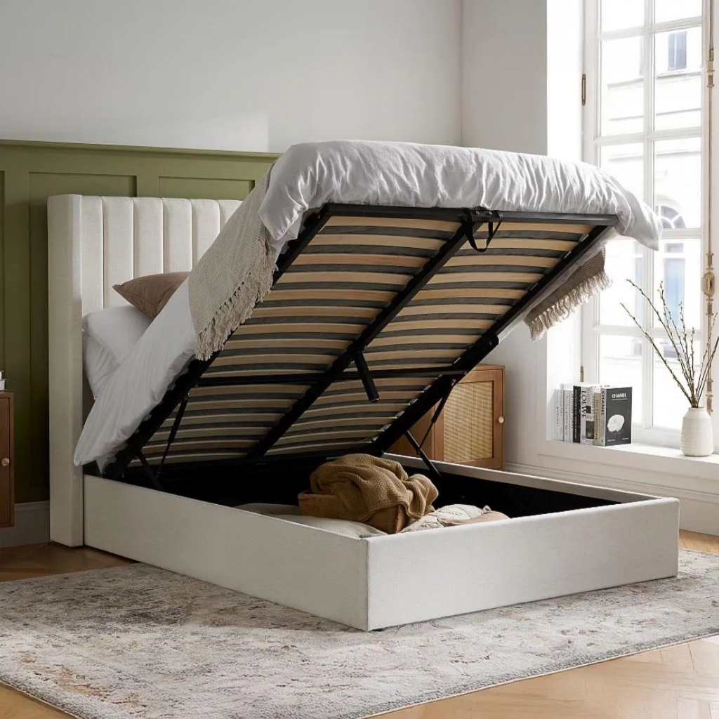 Maisey Cream Fabric Ottoman Double Bed + Sleep Happy Balance 800 Pocket Sprung Memory Foam Mattress