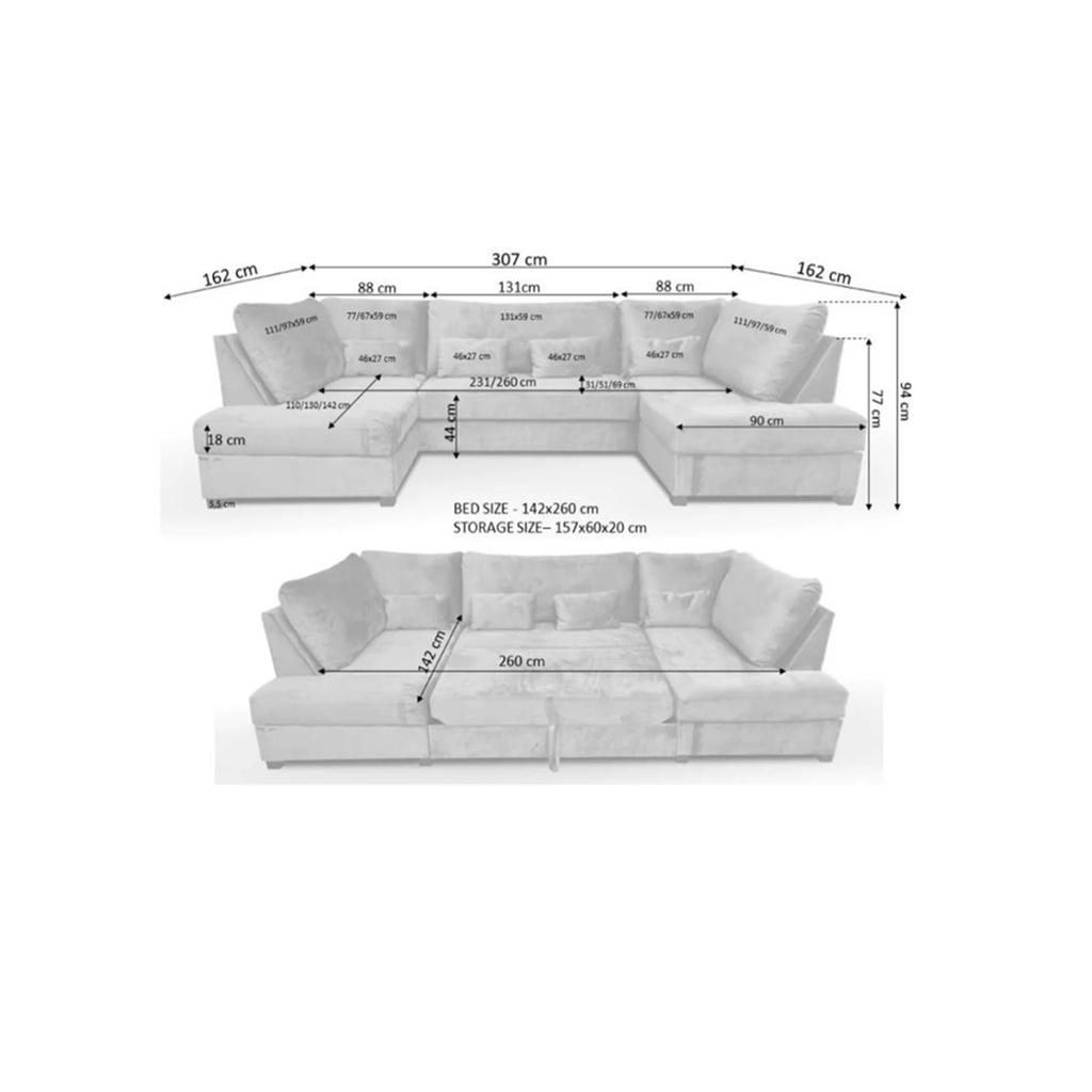 Meriden Cream Enzo Fabric Storage U-Shape Sofa/Bed