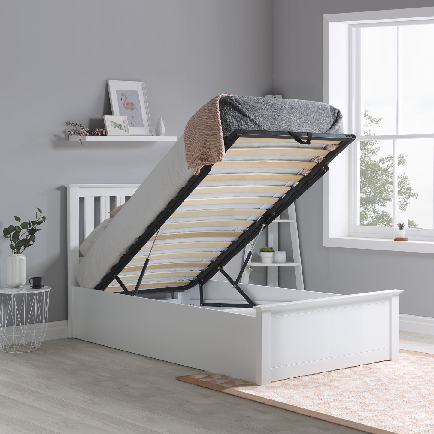 Pheonix White Ottoman Single Bed + Single Comfort Mattress