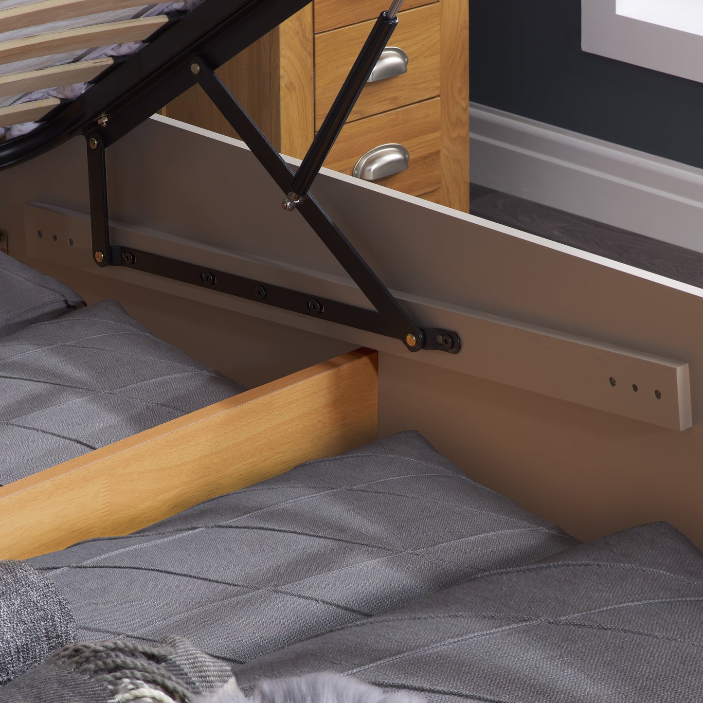 Pheonix Pearl Grey Ottoman Single Bed + Single Comfort Mattress