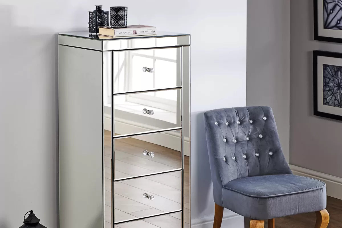 Seville Mirrored 5 Drawer Narrow Chest