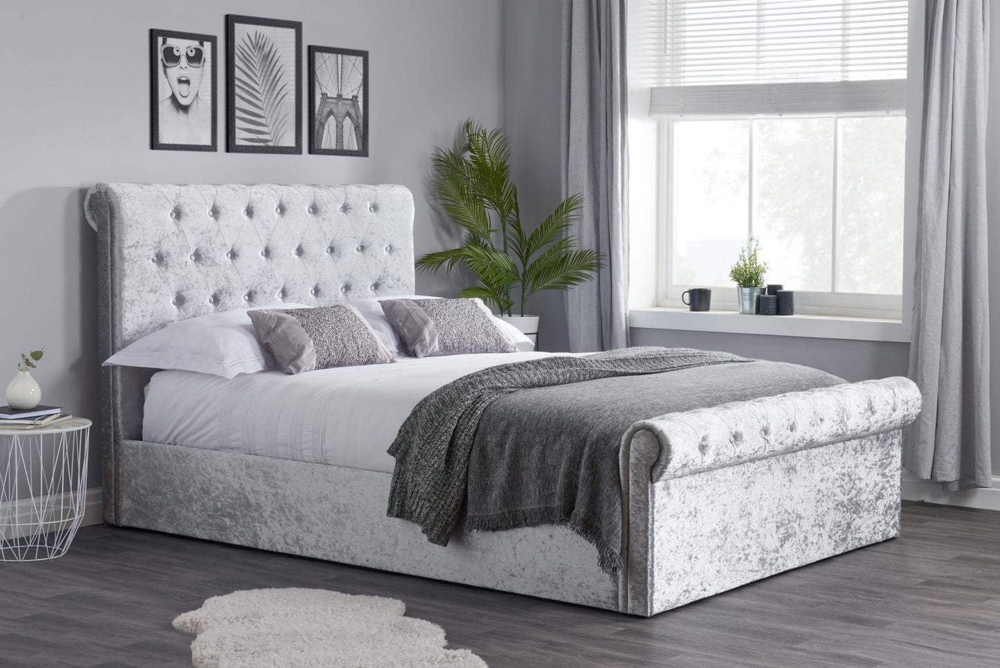 Zienna Side Ottoman Steel Crush Velvet King Bed + Comfort King Mattress