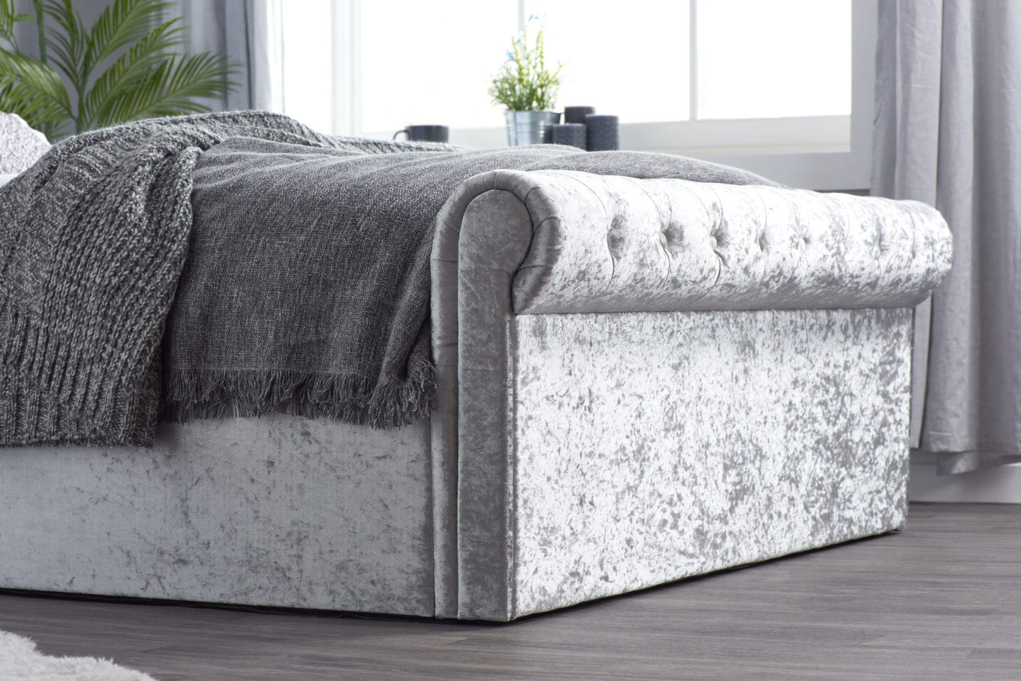 Zienna Side Ottoman Steel Crush Velvet King Bed + Comfort King Mattress