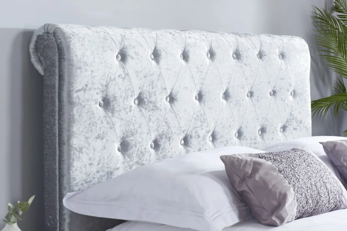Zienna Steel Crush Velvet Side Ottoman Double Bed + Comfort Double Mattress