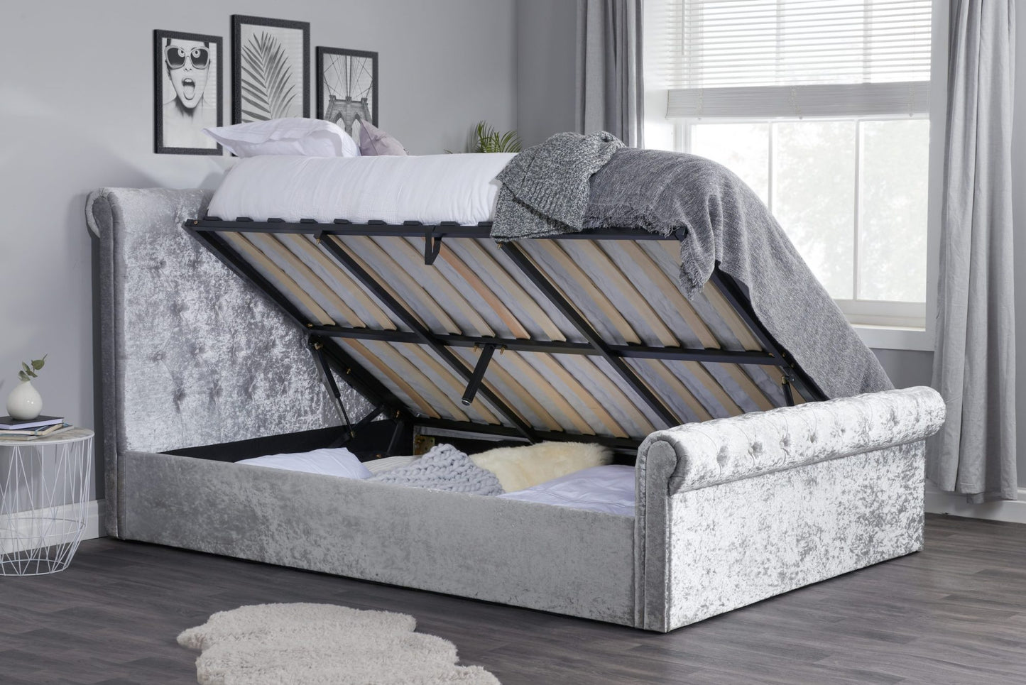 Zienna Side Ottoman Steel Crush Velvet King Bed