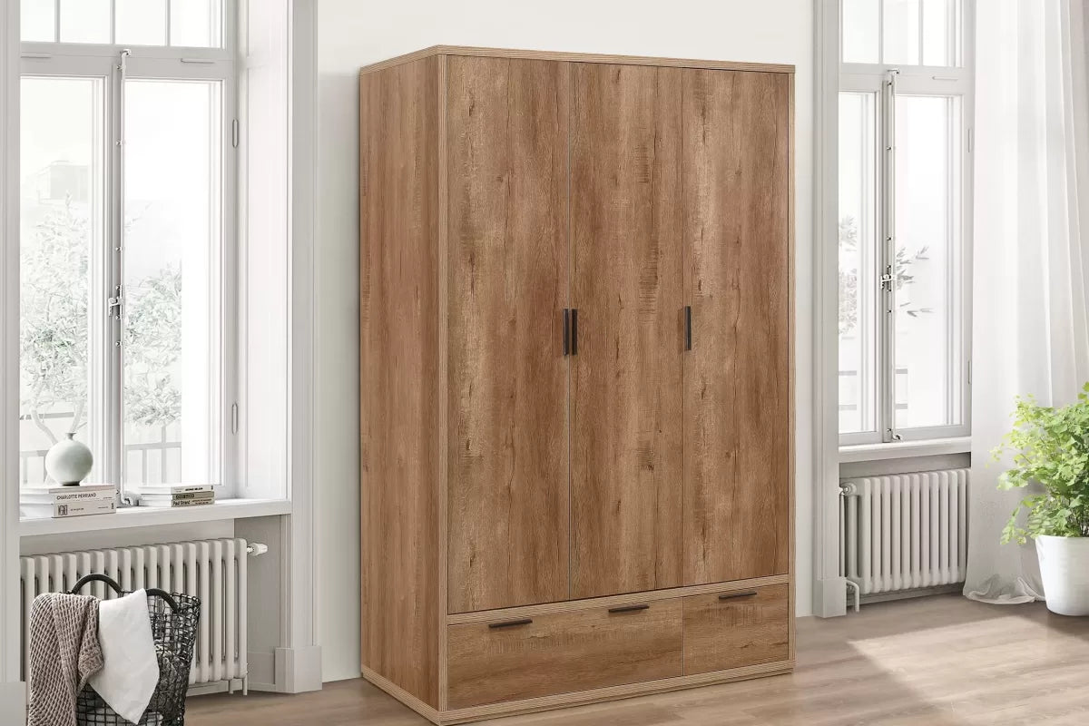 Stockwell Rustic Oak 3 Door 2 Drawer Wardrobe