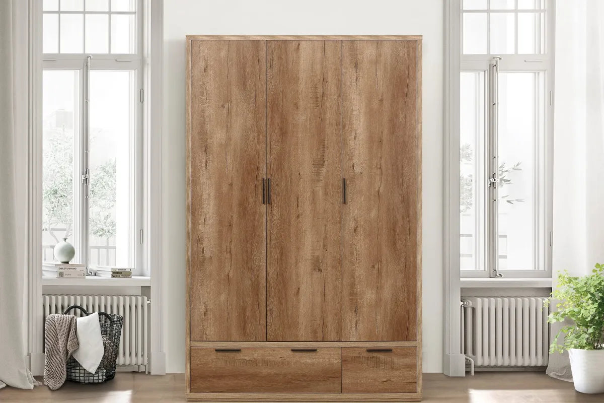 Stockwell Rustic Oak 3 Door 2 Drawer Wardrobe