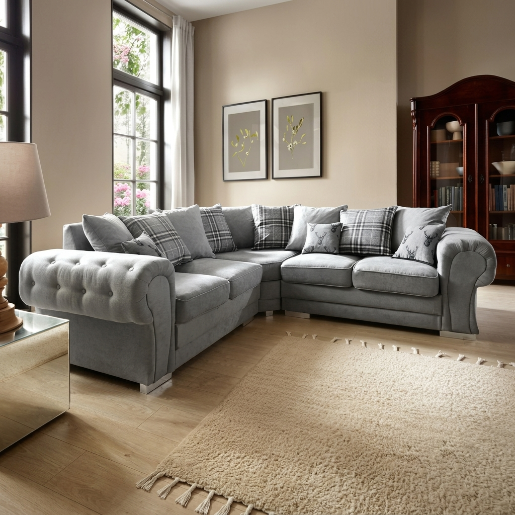 Serona Grey Fabric Scatter Cushions Corner Sofa