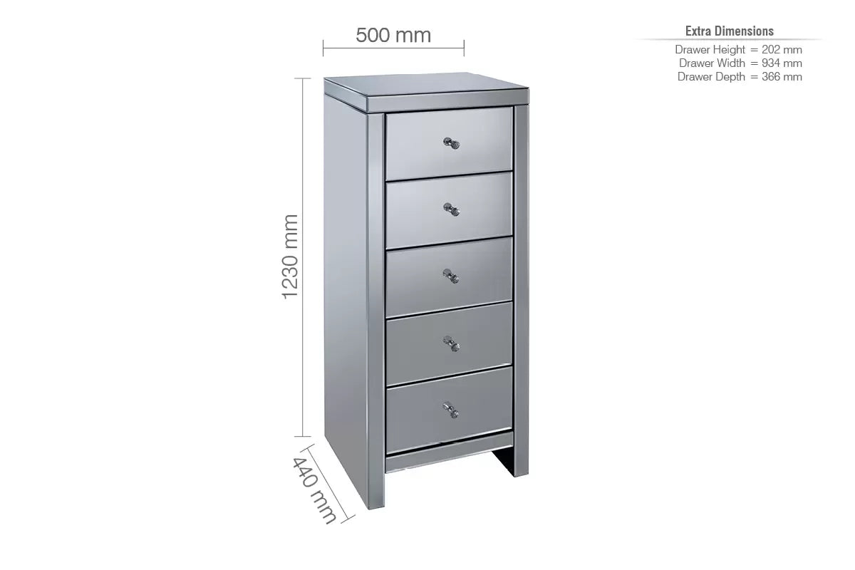 Seville Mirrored 5 Drawer Narrow Chest