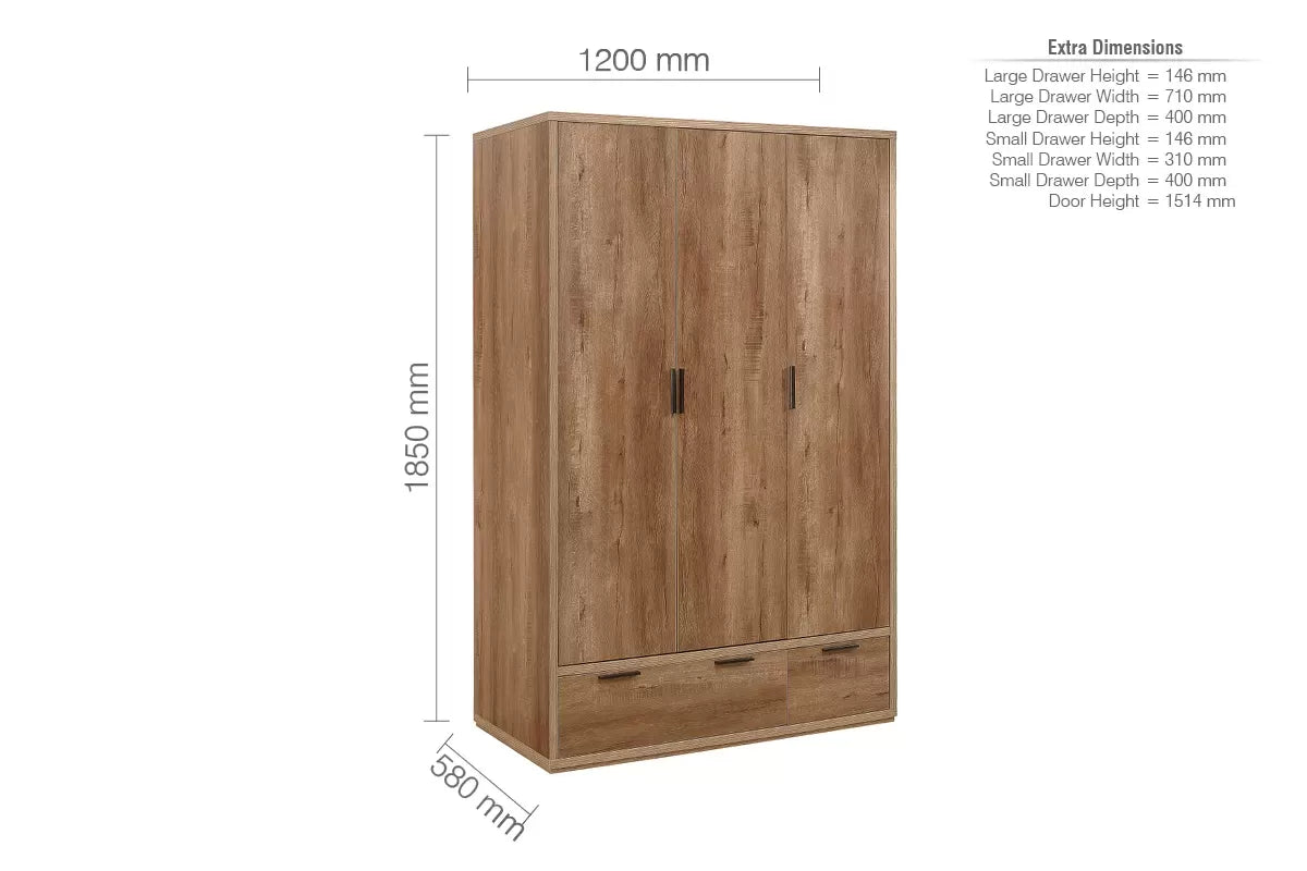 Stockwell Rustic Oak 3 Door 2 Drawer Wardrobe