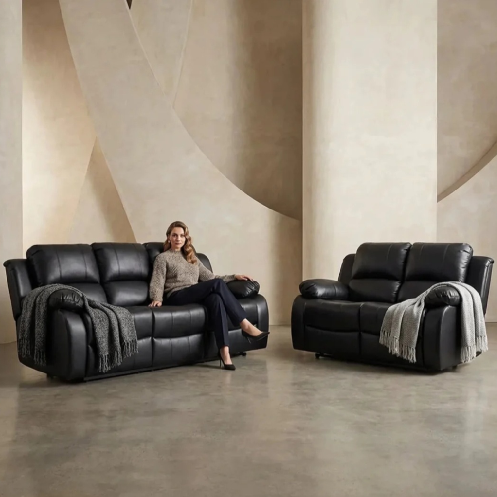 Valencia Black Leather Recliner 3+2 Seater Sofa Set
