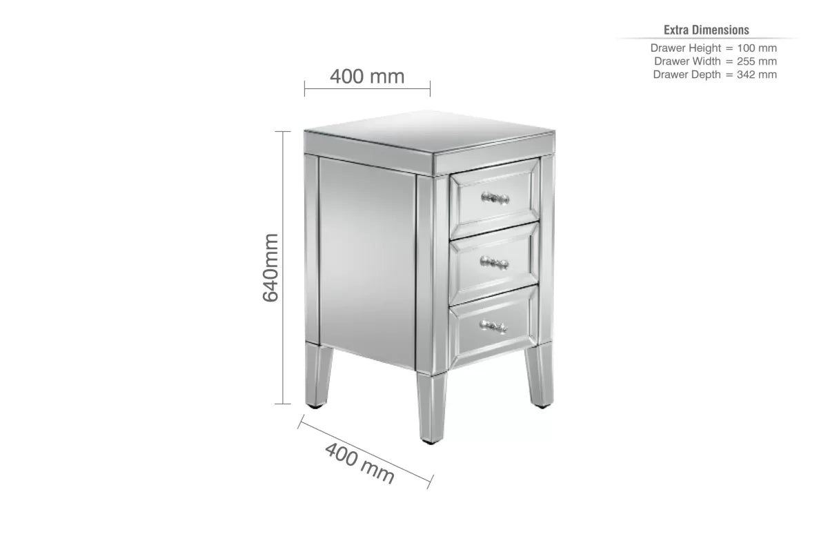 Valencia Mirrored 3 Drawer Bedside