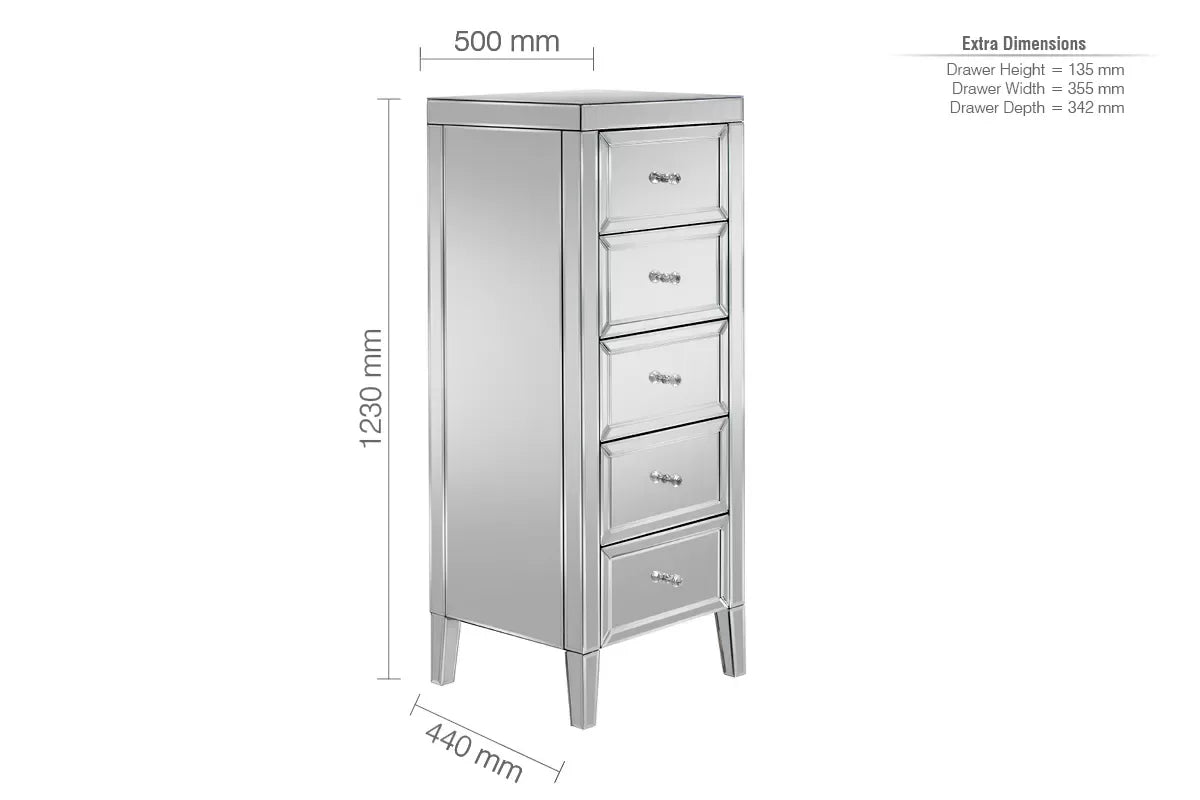 Valencia Mirrored 5 Drawer Narrow Chest