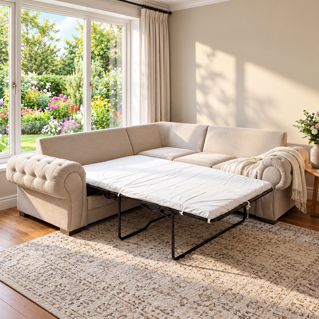 Verity Cream Fabric Sofa Bed - Corner 5 Seater Highback