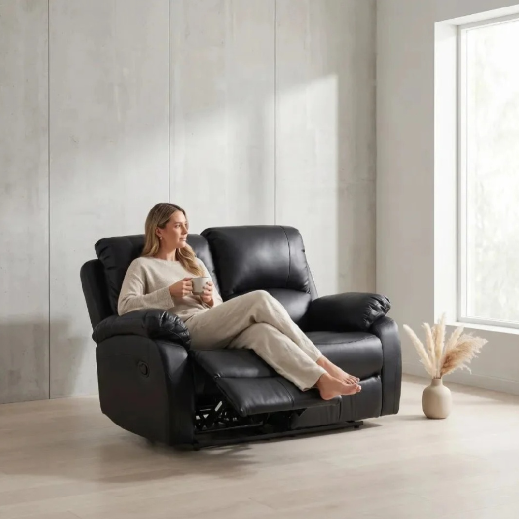 Zoma Black Leather Recliner 2 Seater Sofa + Zoma Black Leather Recliner Armchair