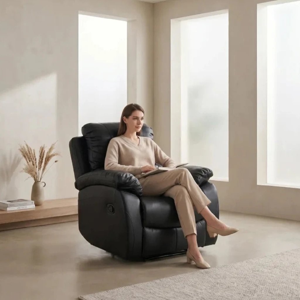 Zoma Black Leather Recliner 2 Seater Sofa + Zoma Black Leather Recliner Armchair