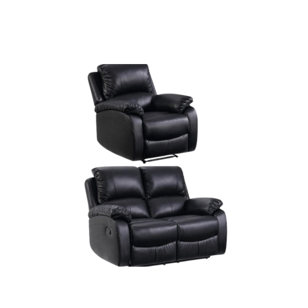 Zoma Black Leather Recliner 2 Seater Sofa + Zoma Black Leather Recliner Armchair