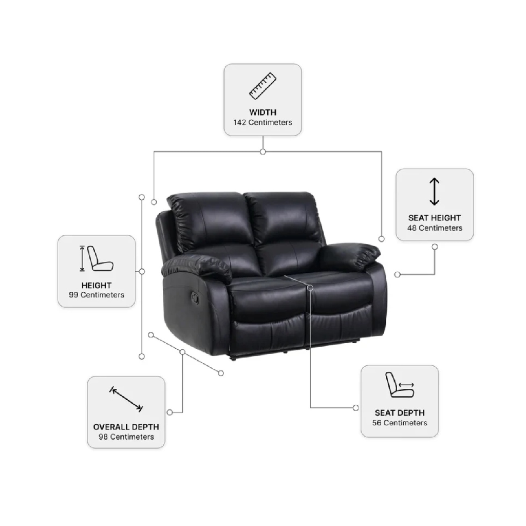 Zoma Black Leather Recliner 2 Seater Sofa + Zoma Black Leather Recliner Armchair
