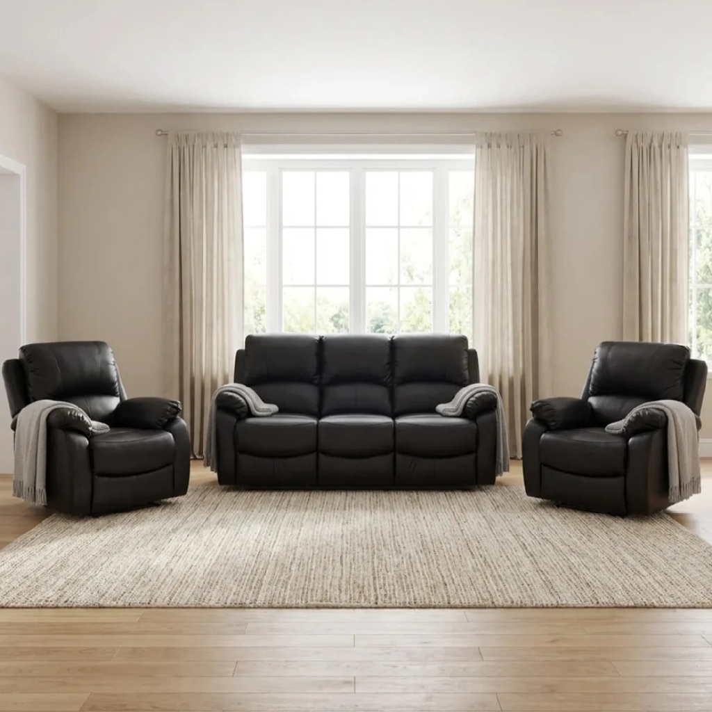 Zoma Black Leather Recliner 3 + 1 + 1 Seater Sofa Set