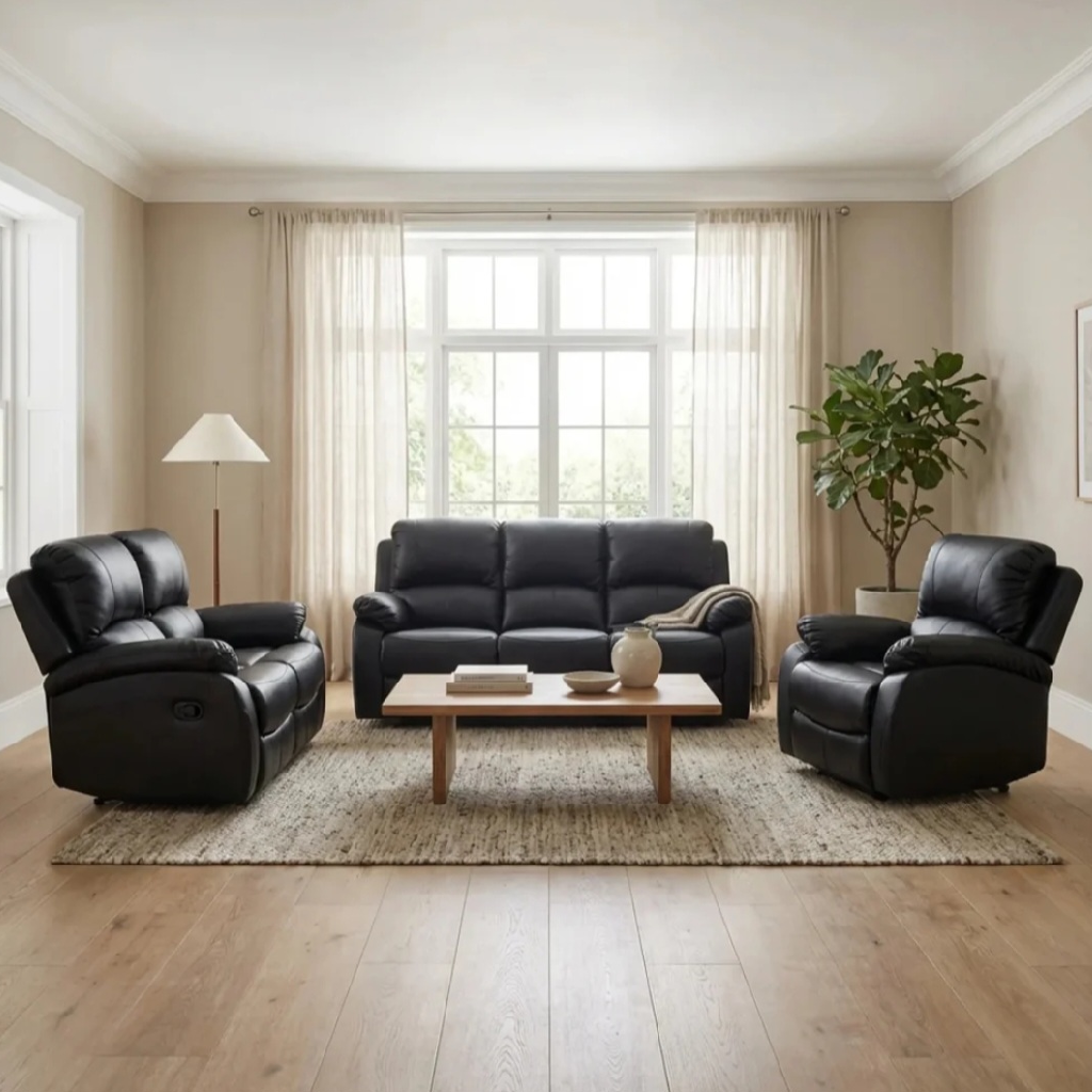 Zoma Black Leather Recliner 3 + 2 + 1 Seater Sofa Set
