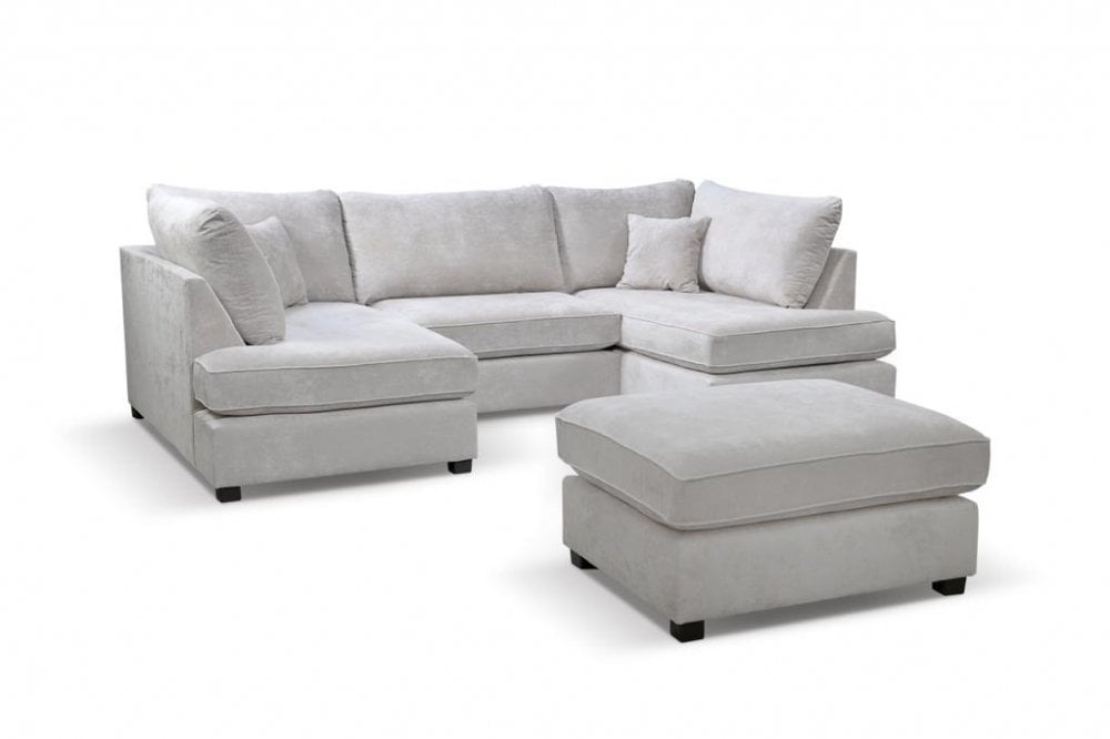 Carnaby Silver Fabric U Shape High Back Corner Sofa + Footstool
