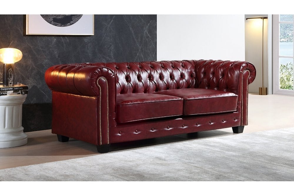 Chesterfield Red Leather Antique 3 Seater Sofa