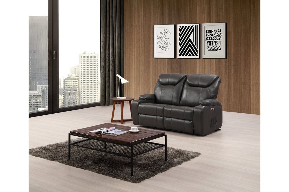 Cinema Grey Electric 2 Seater Leather Recliner Sofa With Two Cup Holders