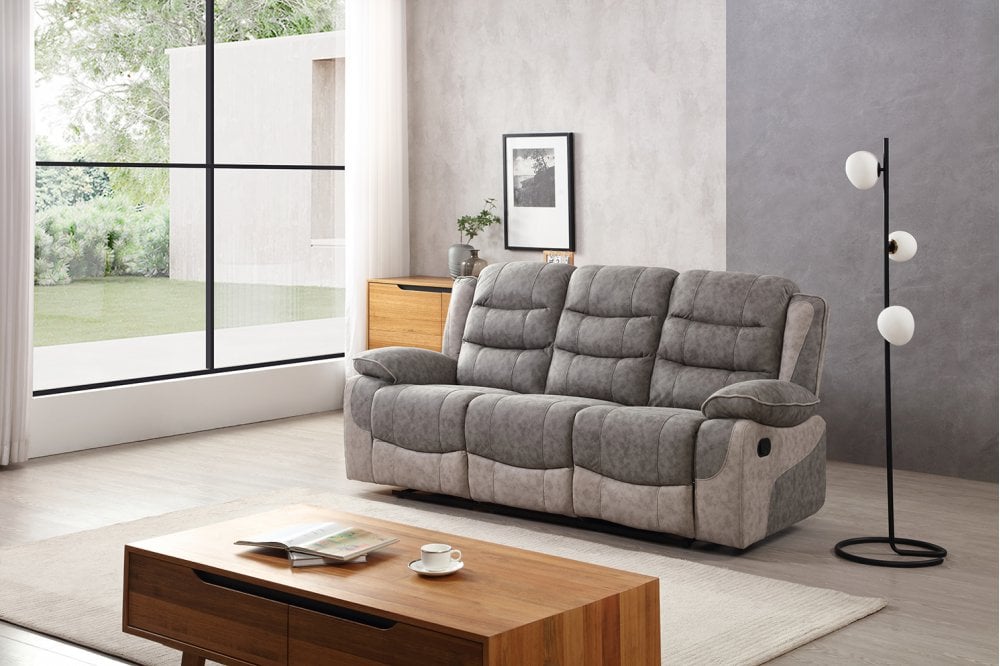 Paige Grey & Light Grey Fabric Recliner 3 Seater Sofa