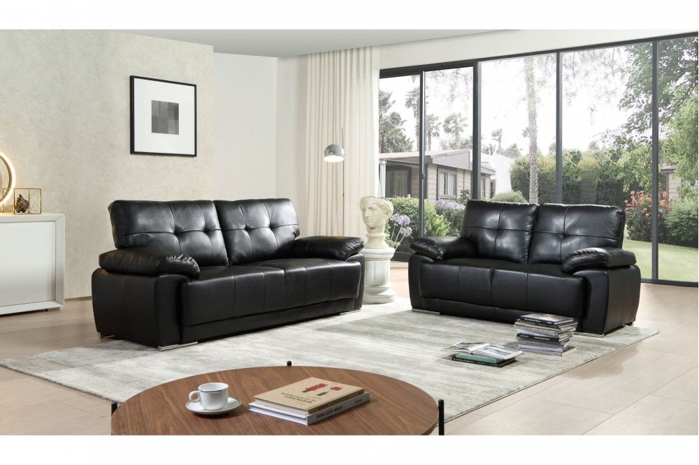 Sienna Black Leather Contemporary 3+2 Seater Sofa Set