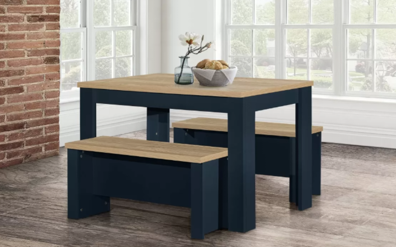Highgate Dinning Table and Bench Set . Midnight Blue & Oak Effect