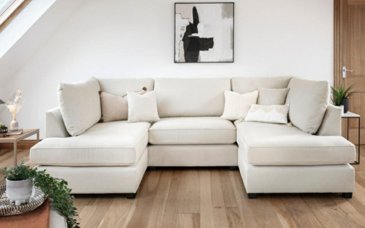 Carnaby Cinema Cream Fabric U Shape High Back Corner Sofa + Footstool