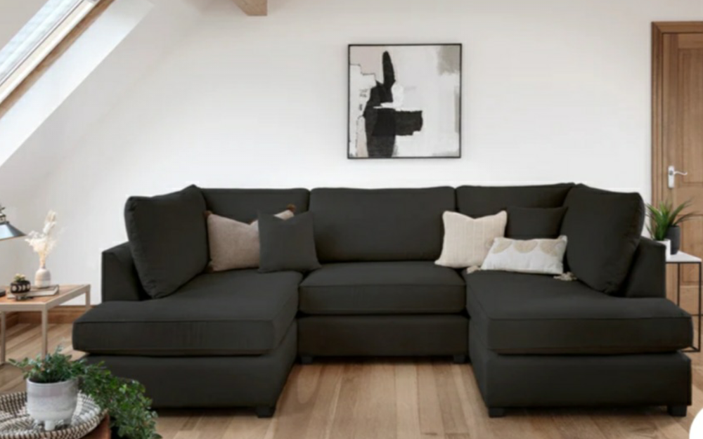 Carnaby Cinema Black Fabric U Shape High Back Corner Sofa + Footstool