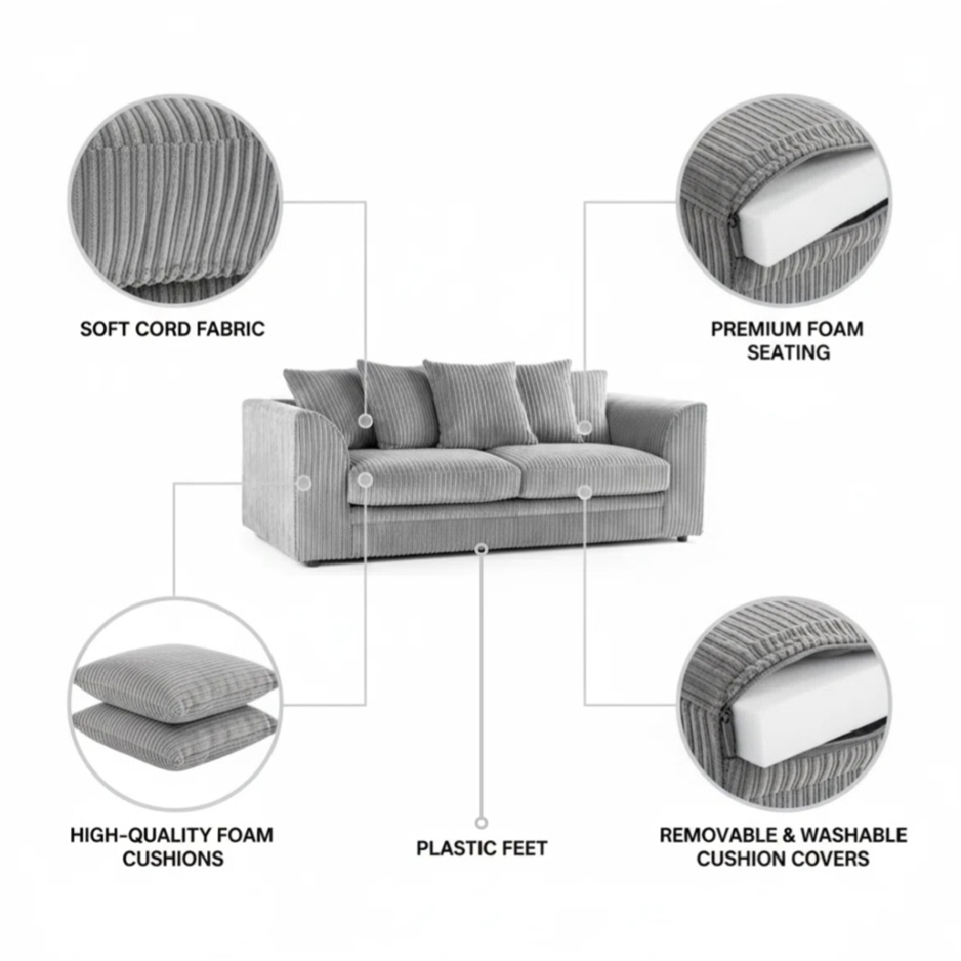 Grey Jumbo Cord Truro 3 + 2 Sofa Set
