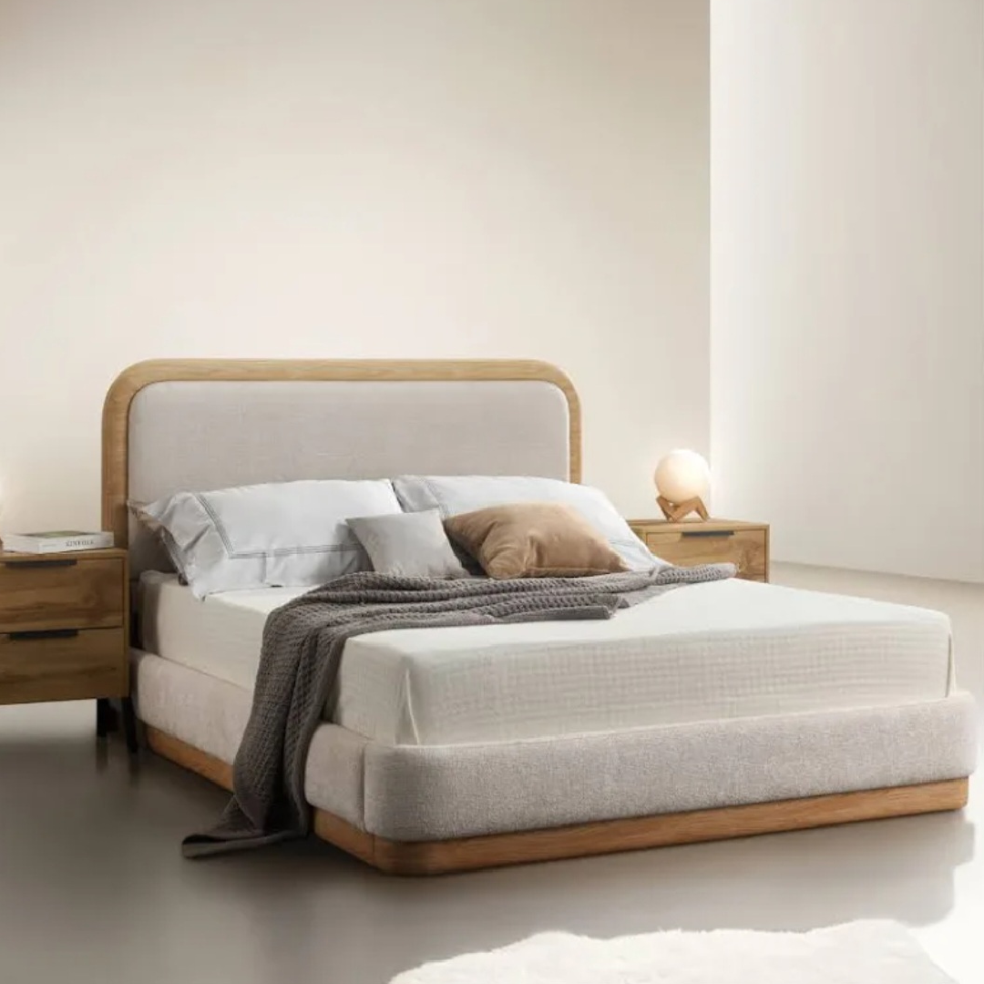Girona White Fabric/Wood King Bed + Sleep Happy Balance 800 Pocket Memory Foam King Mattress