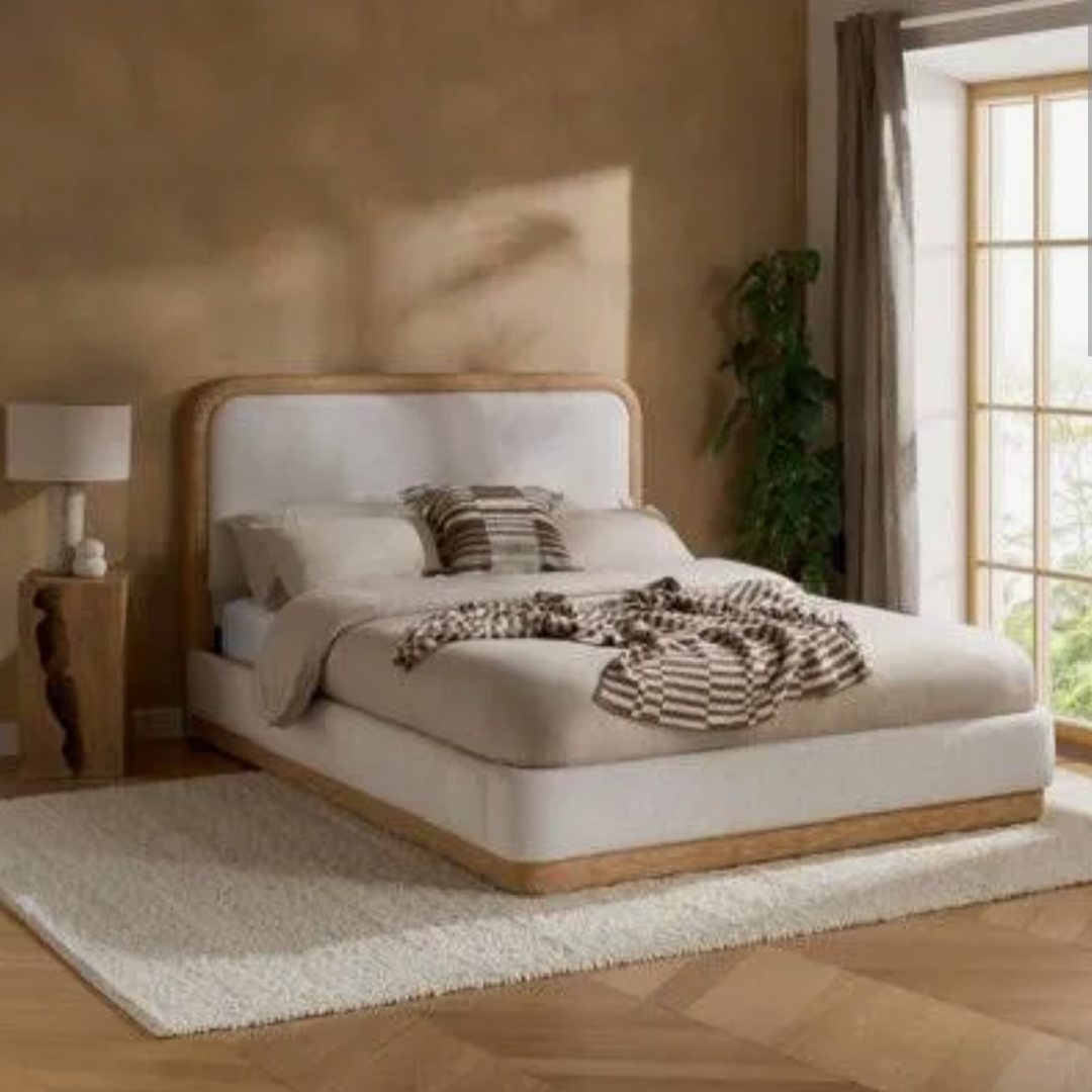 Girona White Fabric/Wood Double Bed + Sleep Happy Balance 800 Pocket Memory Foam Double Mattress