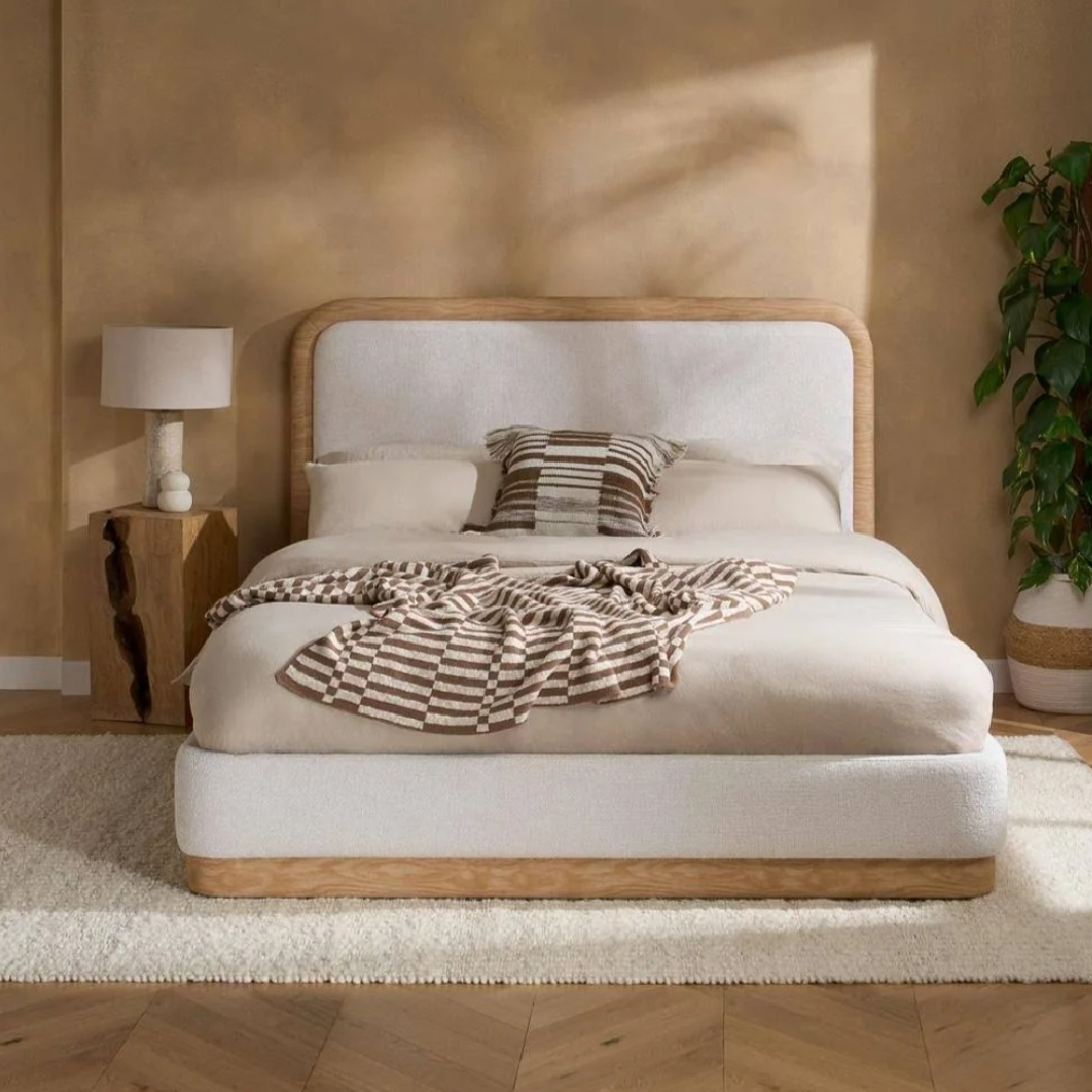Girona White Fabric/Wood Double Bed + Sleep Happy Balance 800 Pocket Memory Foam Double Mattress