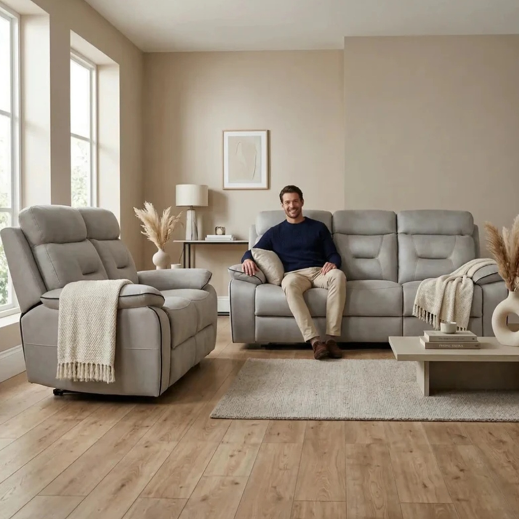 Foster Light Shark Grey Fabric Electric Recliner 3 + 2 Seater Sofa Set