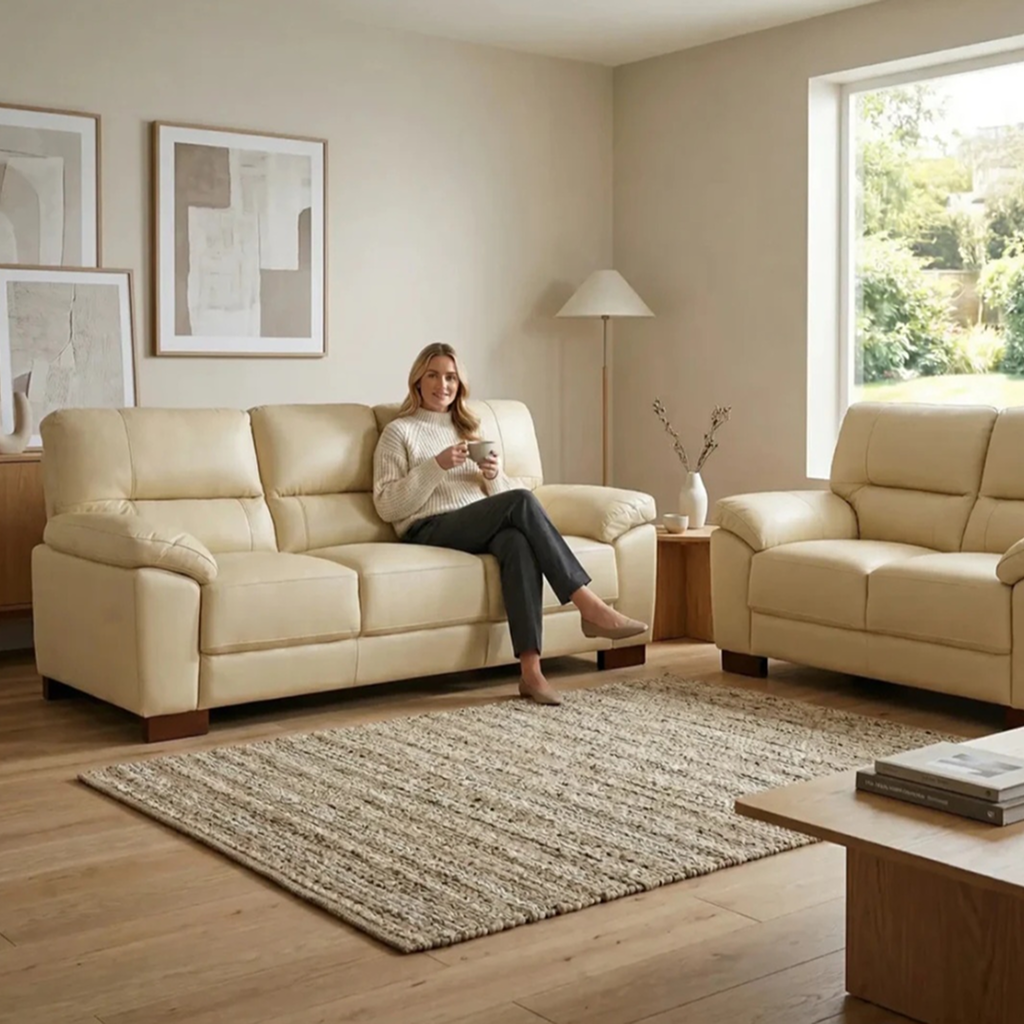 Westminster Beige/Cream Genuine Leather 3 + 2 Seater Sofa Set