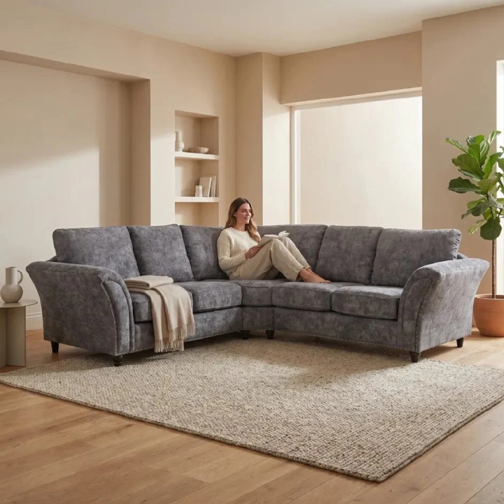 Canterbury Grey Fabric High Back Corner Sofa