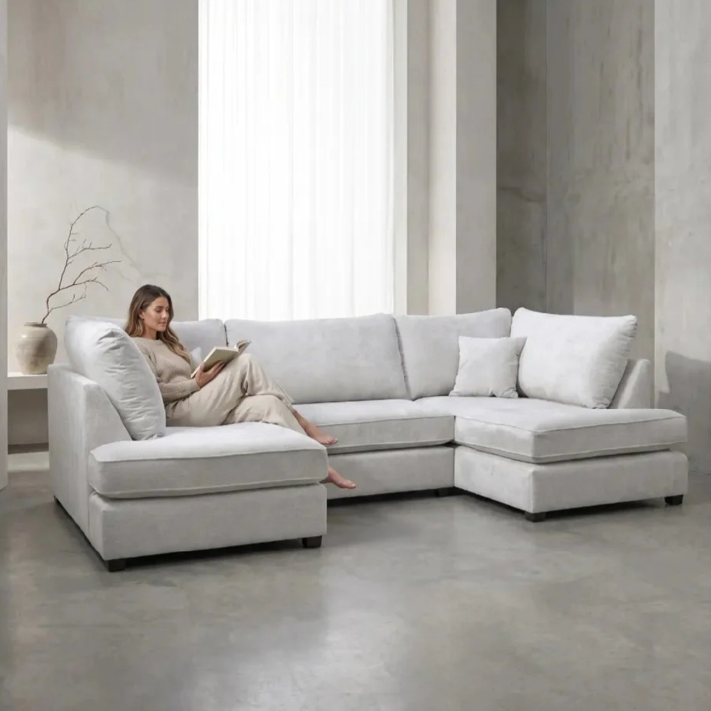 Carnaby Cinema Silver Fabric U Shape High Back Corner Sofa + Footstool