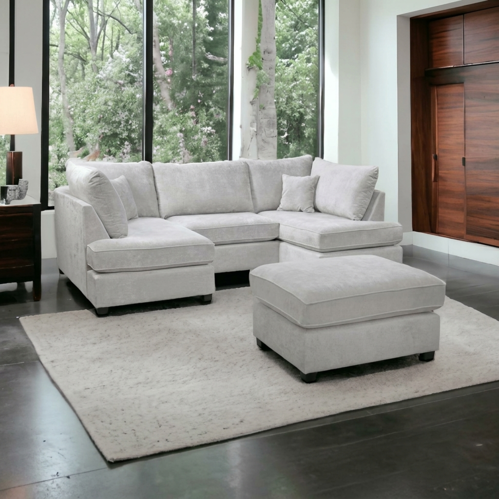 Carnaby Cinema Silver Fabric U Shape High Back Corner Sofa + Footstool